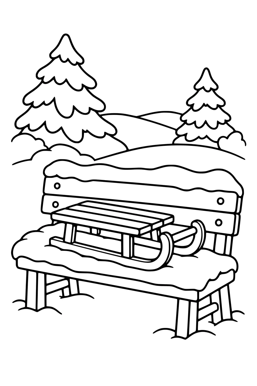 Coloriage : Luge en bois sur un banc enneigé.