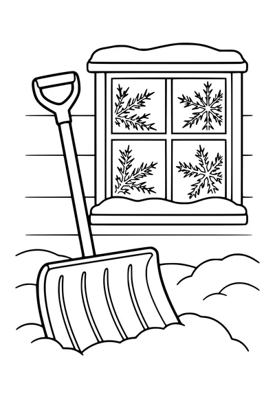 Coloriage : Pelle à neige près d’une fenêtre givrée.