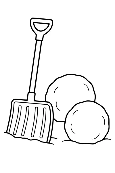 Coloriage : Pelle à neige près de boules de neige.
