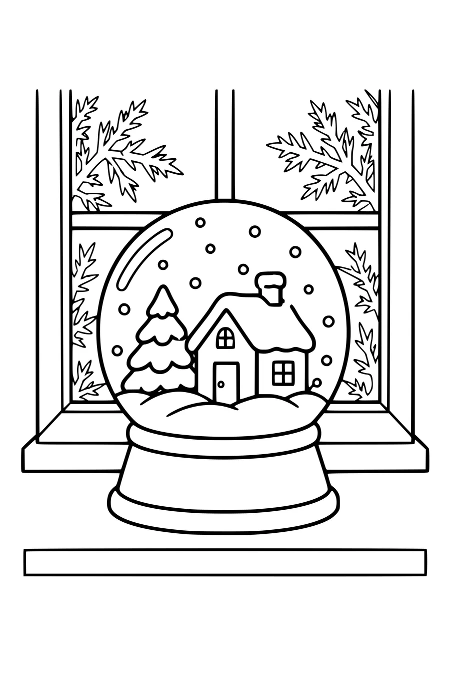 Ausmalbild: Schneekugel mit Häuschen am Fenster mit Eisblumen.