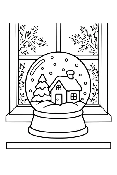 Coloriage : Boule à neige avec maison près d’une fenêtre givrée.