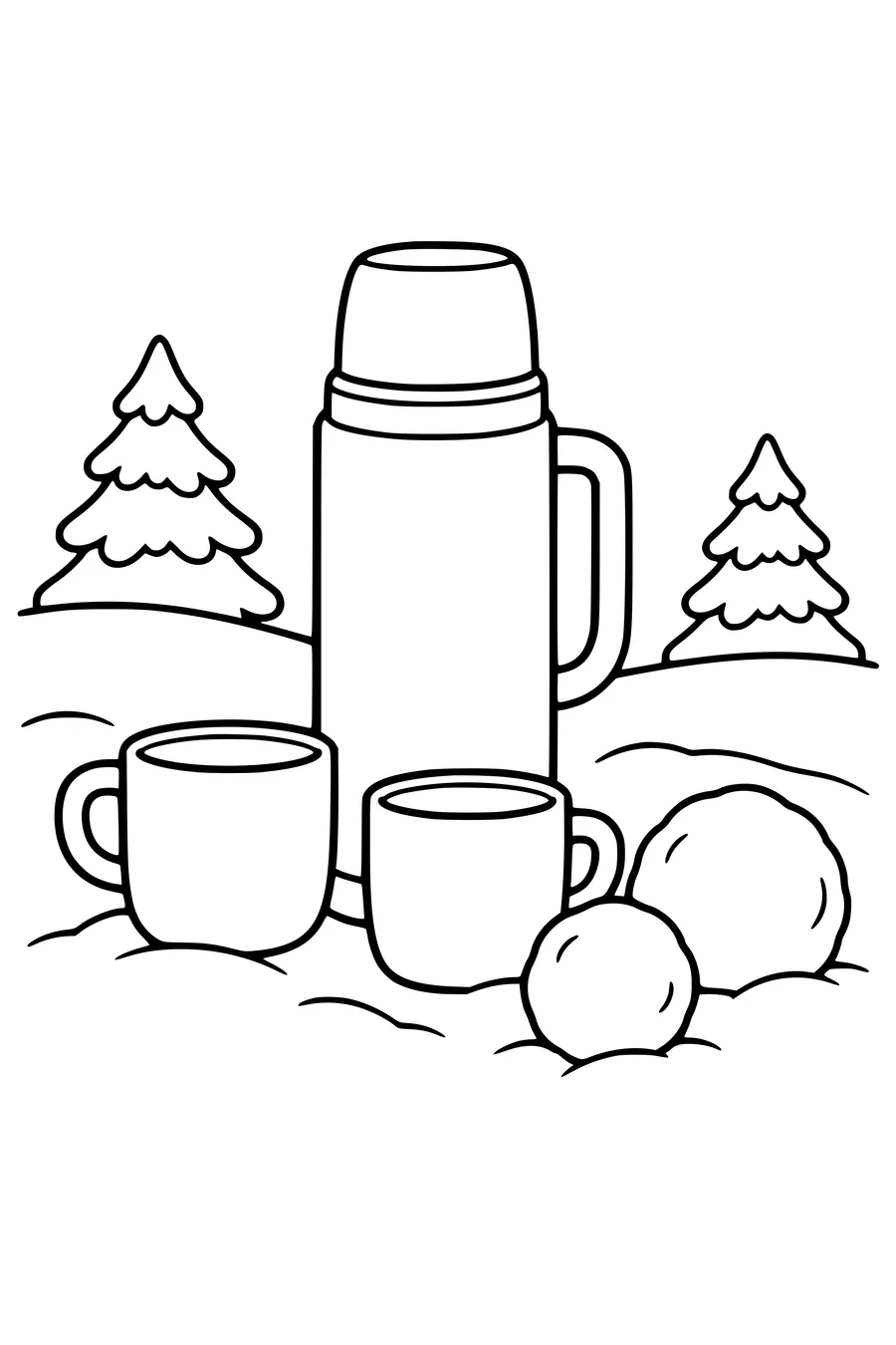 Coloring page: Thermos with mugs beside snowballs.
