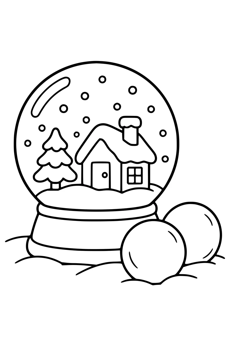 Ausmalbild: Schneekugel mit Häuschen neben Schneebällen.
