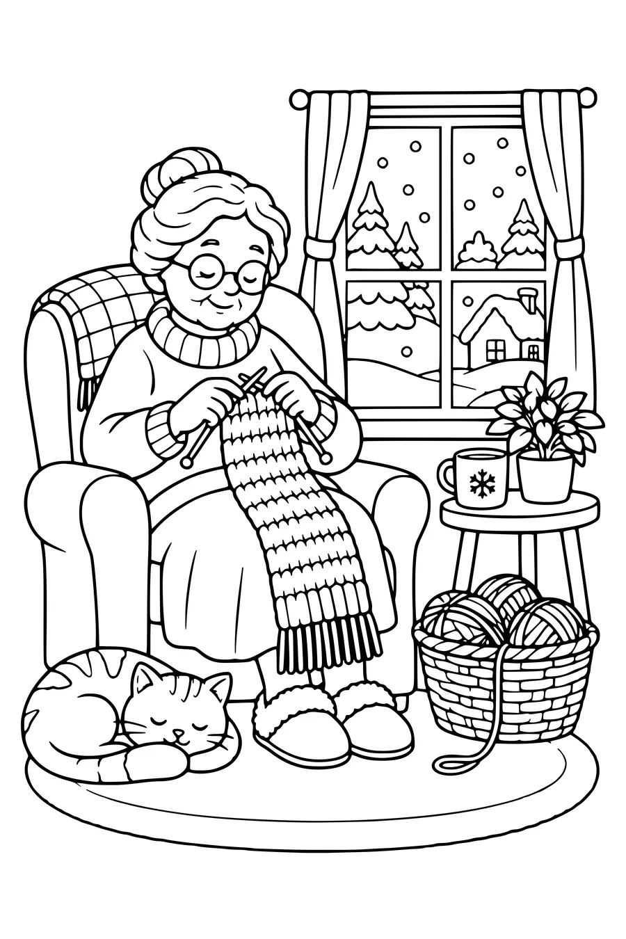 Grand-parent tricotant une écharpe près d'un panier à laine et d'un chat endormi.