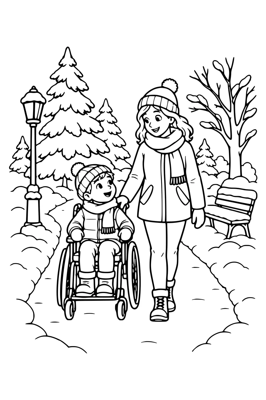 Enfant en fauteuil roulant roulant à côté d'un adulte sur un chemin d'hiver propre.