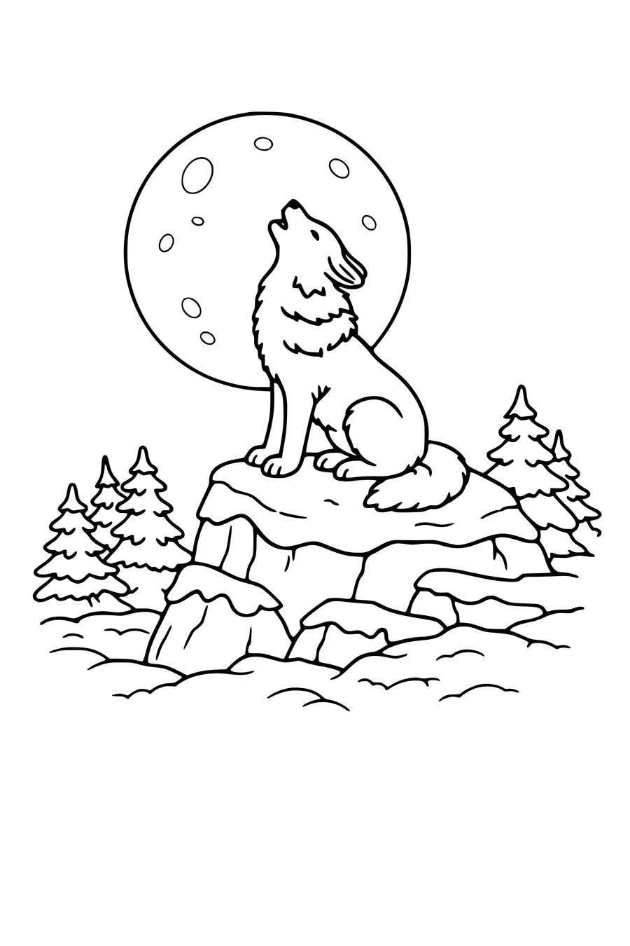 Coloring page of a wolf howling on a rock in front of a full moon