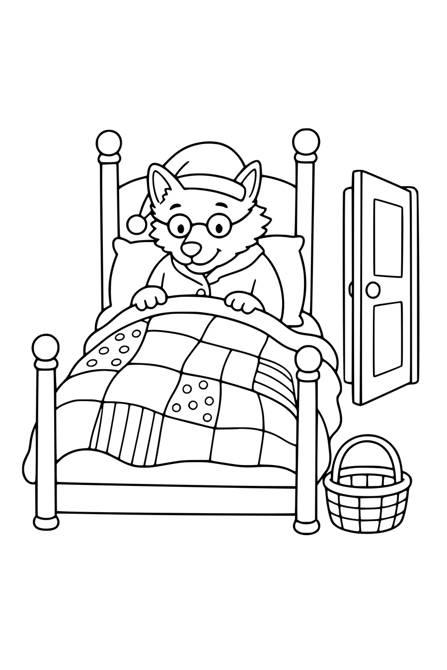 Ausmalbild eines Wolfs mit Schlafmütze im Bett