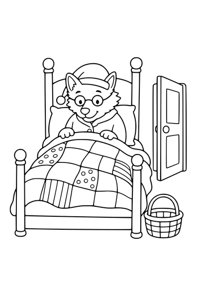 Kleurplaat van een wolf met nachtmuts rechtop in bed