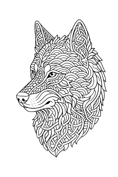 Coloring page of a wolf head filled with interlocking wave patterns