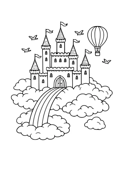 Kleurplaat van een wolkenkasteel met een regenboogbrug en een luchtballon