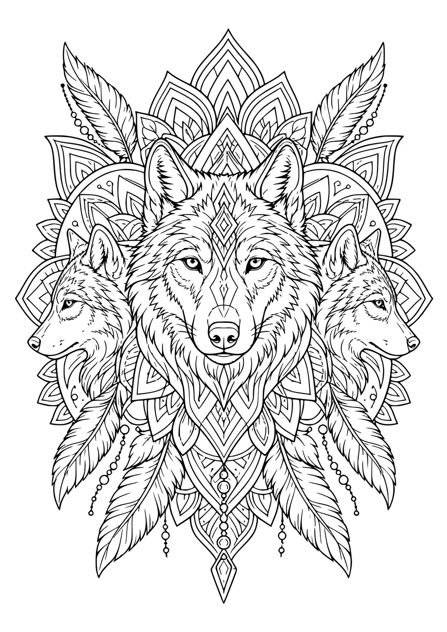 Coloring page of a mandala built from eight wolf heads in a ring