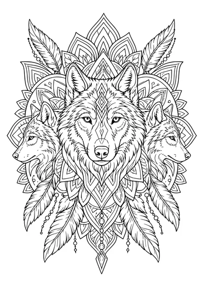 Coloring page of a mandala built from eight wolf heads in a ring