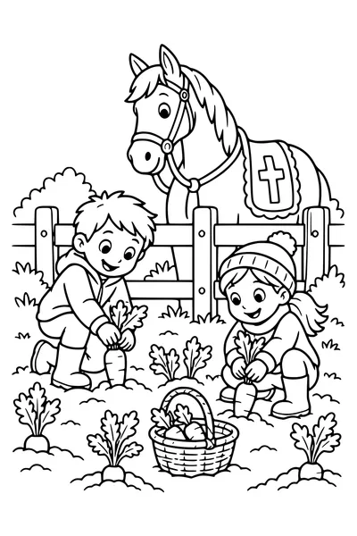 Twee kinderen trekken wortels uit een moestuin terwijl het paard over het hek kijkt.