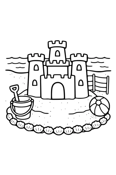 Coloring page of a sandcastle with a bucket, spade and striped windbreak