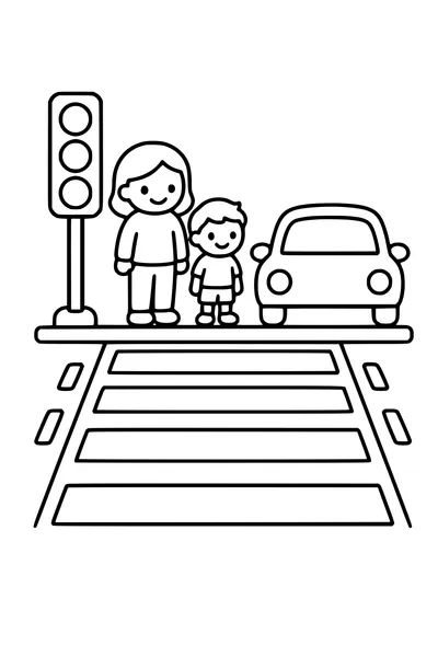 Coloring page of a zebra crossing with a traffic light and a waiting car