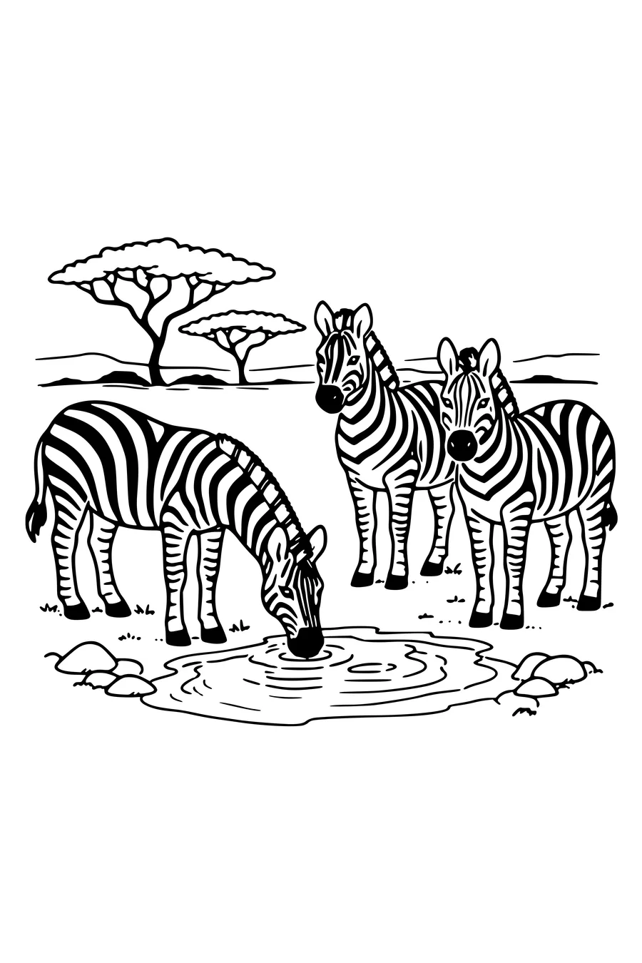 Coloring page of three zebras at a waterhole with outlined stripes