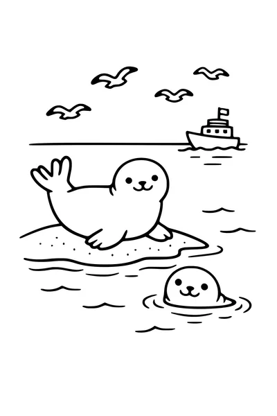Coloring page of a seal lying on a sandbank with another in the water