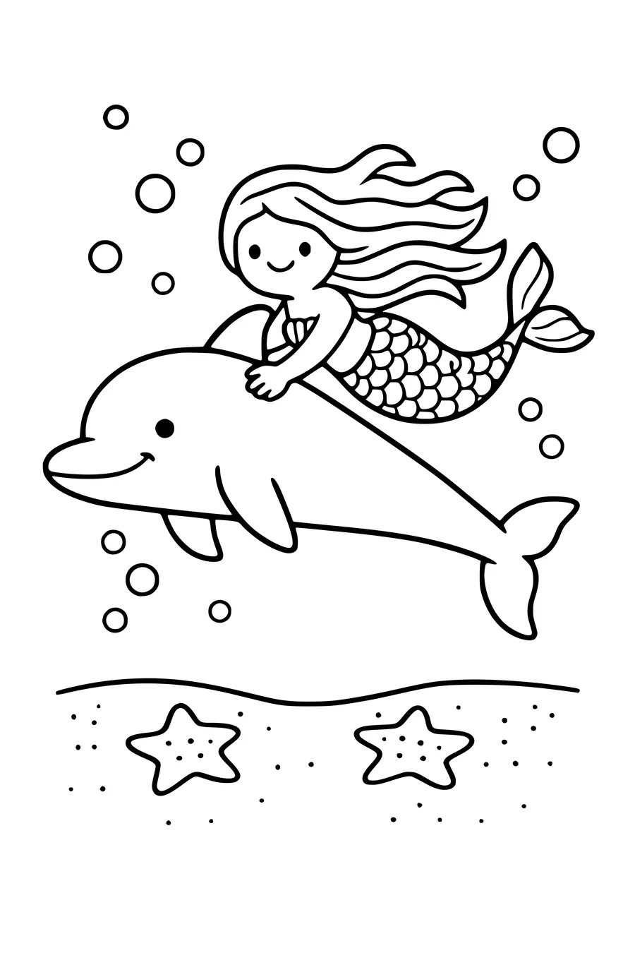 Coloring page of a mermaid swimming with a dolphin