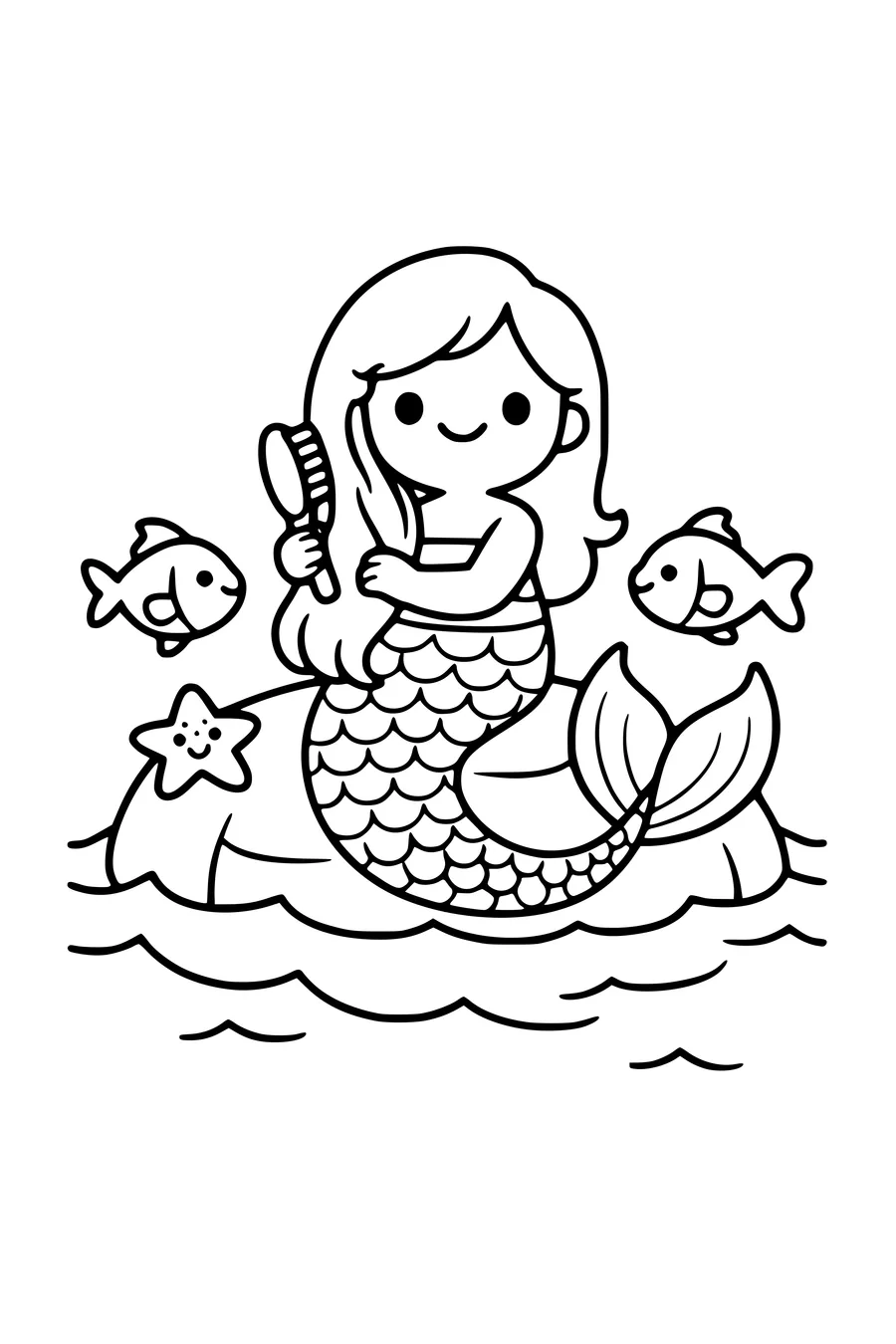 Coloring page of a mermaid sitting on a rock with fish and a starfish
