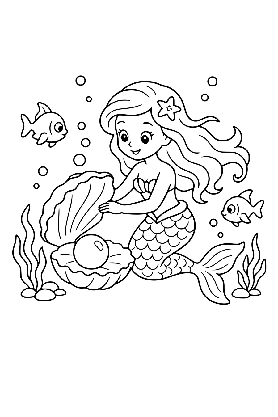 Medium coloring page of an original young mermaid finding a pearl in a shell