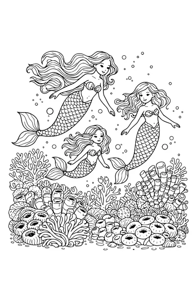 Coloring page of three mermaids swimming past a coral reef