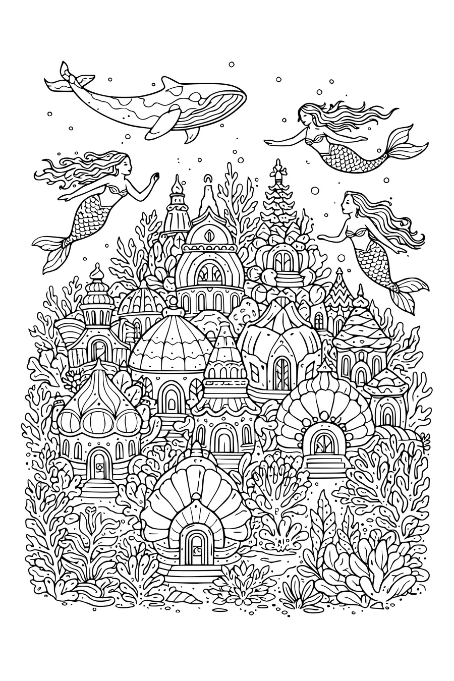 Coloring page of an underwater mermaid city with coral towers