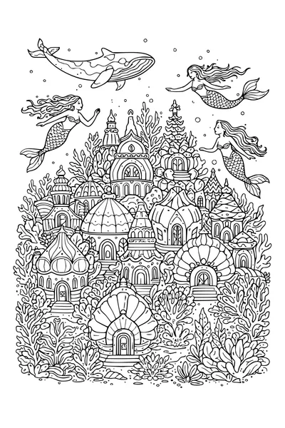 Coloring page of an underwater mermaid city with coral towers