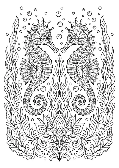 Coloring page of a mandala of twelve seahorses around a shell