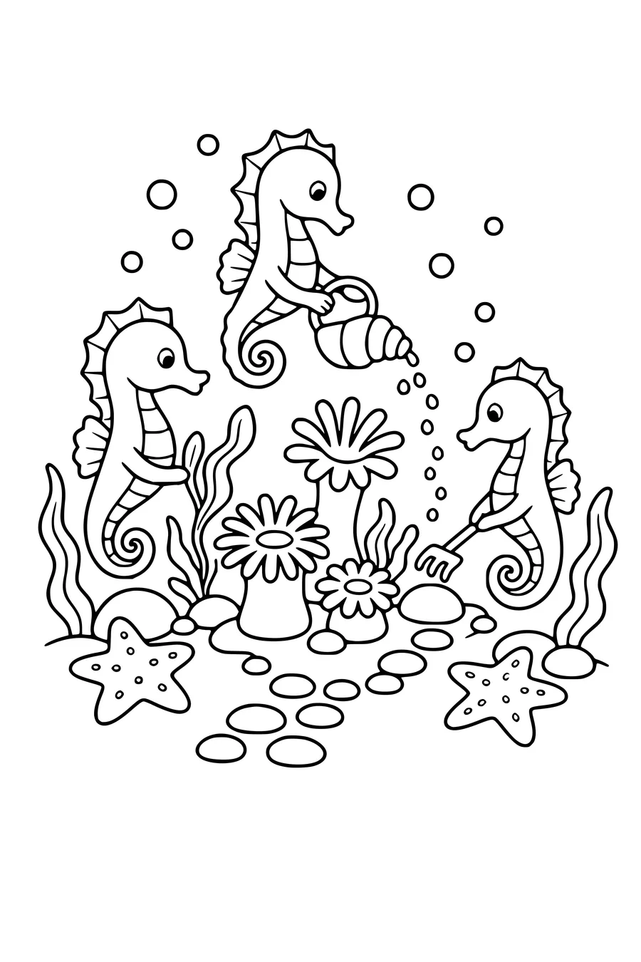 Medium coloring page of three seahorses tending an underwater garden