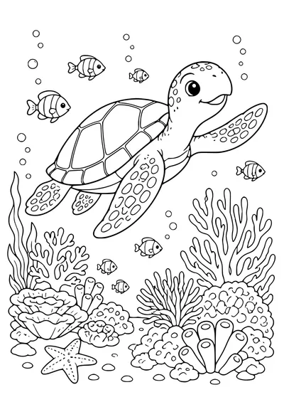 Coloriage gratuit d’une tortue de mer dans le corail