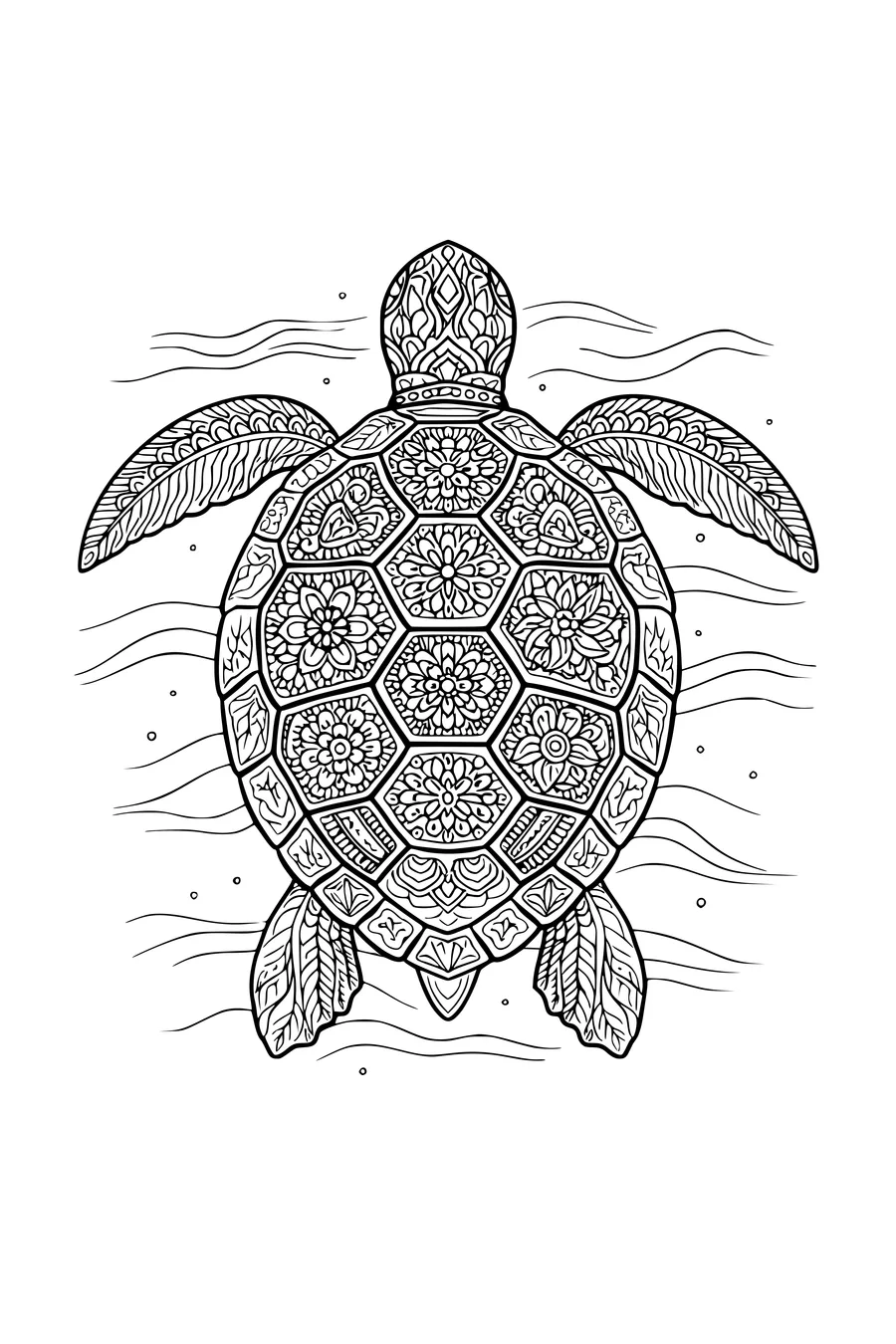 Coloring page of a sea turtle with each shell plate in a different pattern