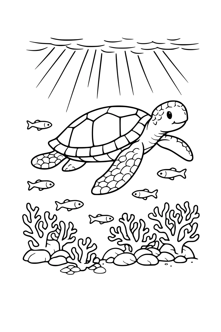 Coloriage d’une tortue de mer au-dessus d’un récif avec des poissons