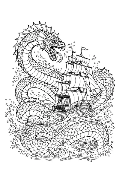 Coloring page of a sea serpent coiling around a sailing ship