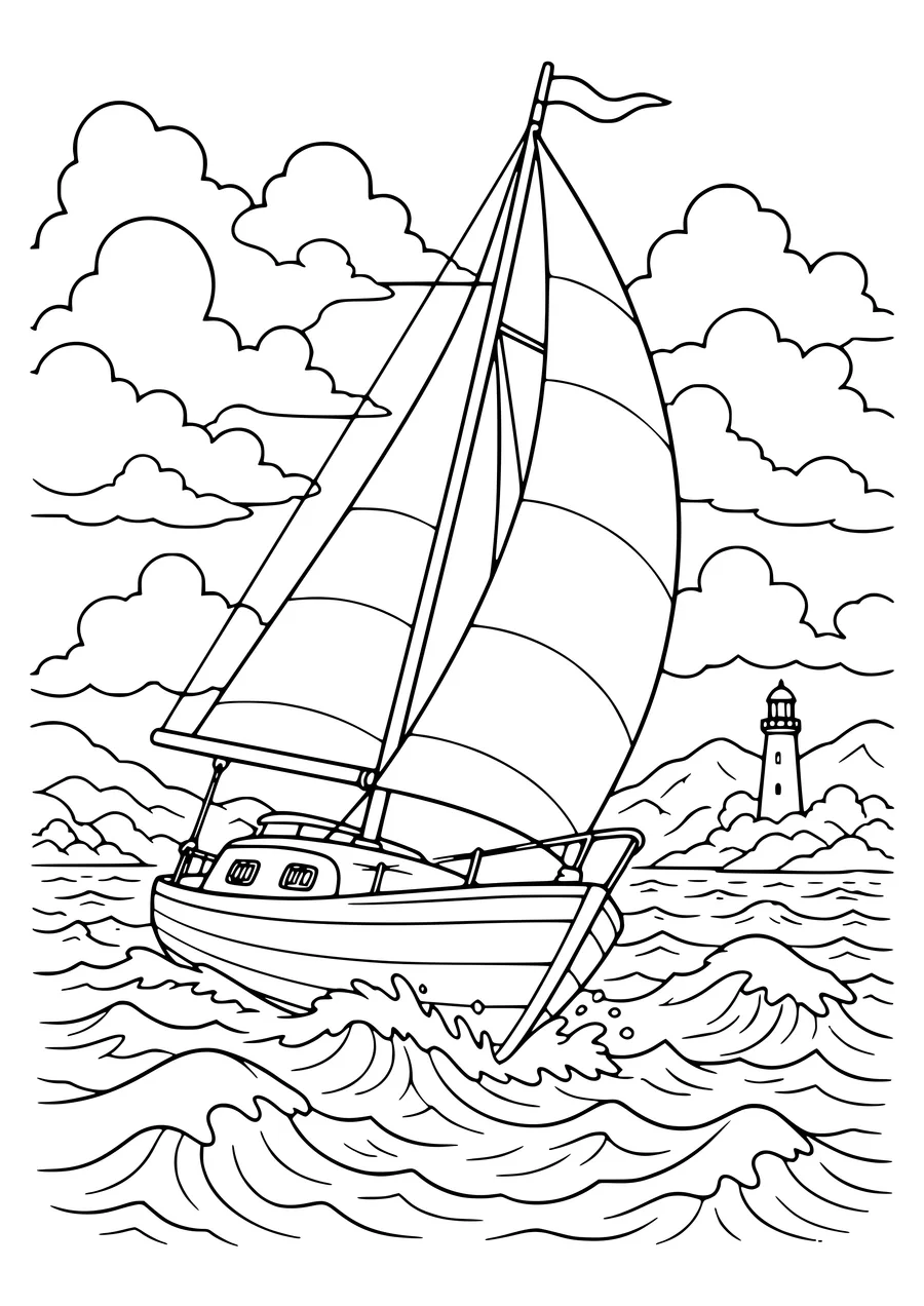 Coloriage d’un petit voilier qui gîte dans le vent