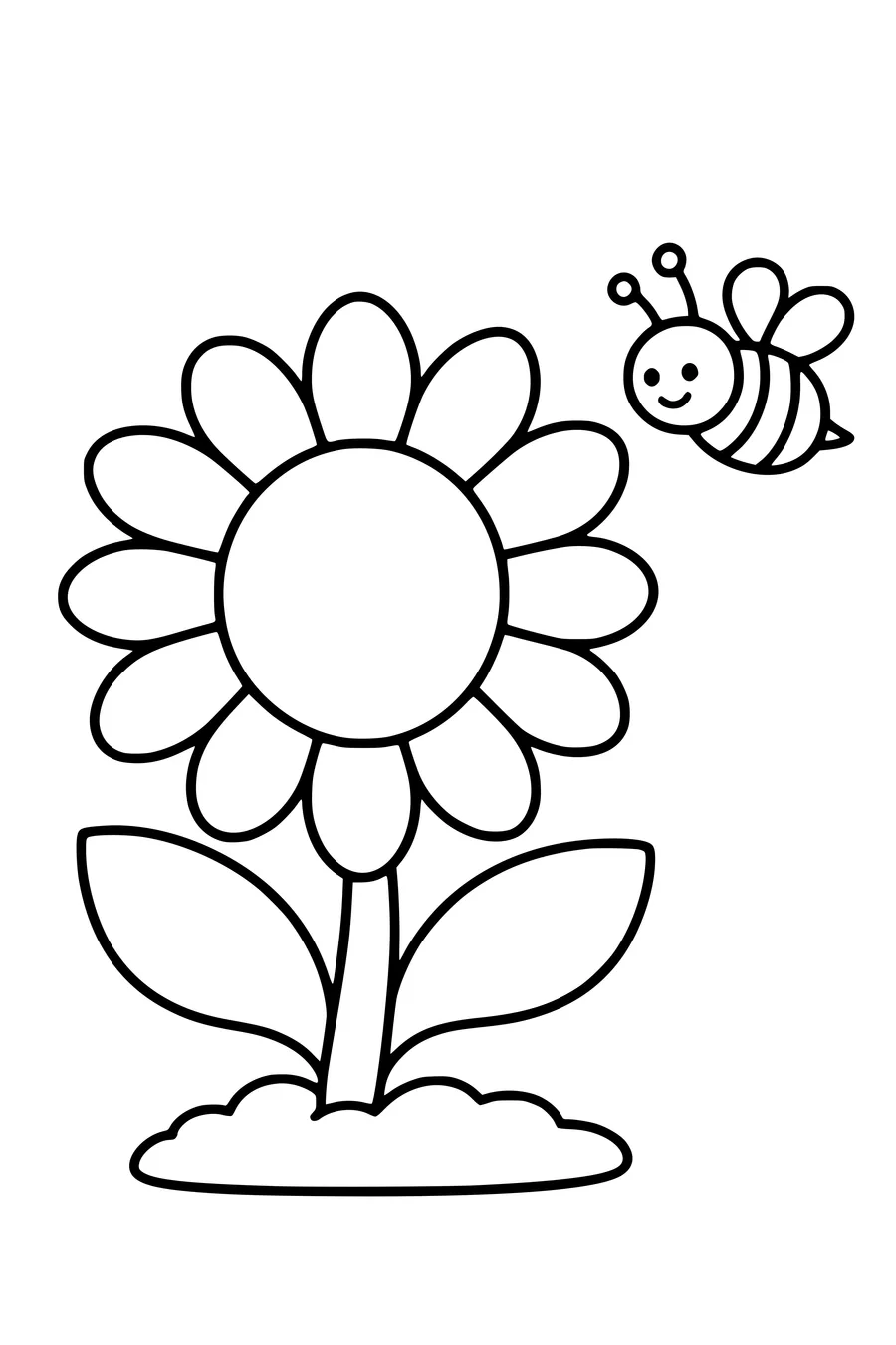 Makkelijke kleurplaat van een grote zonnebloem met een vriendelijk bijtje