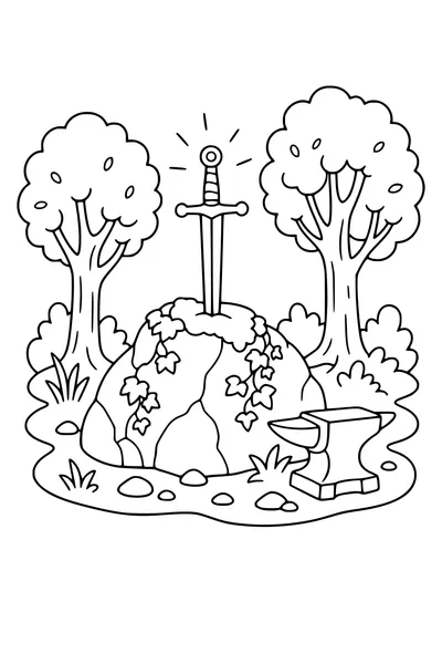 Coloring page of a sword driven into a mossy stone in a clearing