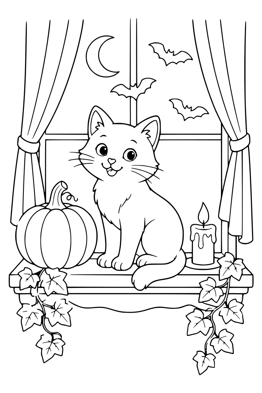 Kostenloses Ausmalbild einer schwarzen Katze am Halloweenfenster
