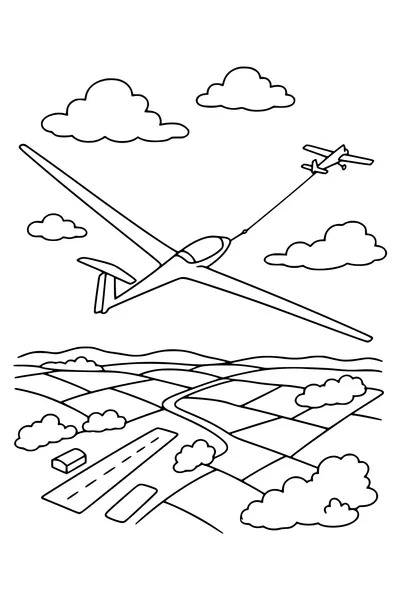 Coloring page of a glider banking above patchwork fields