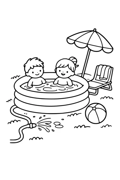Coloring page of a paddling pool in a garden with two children