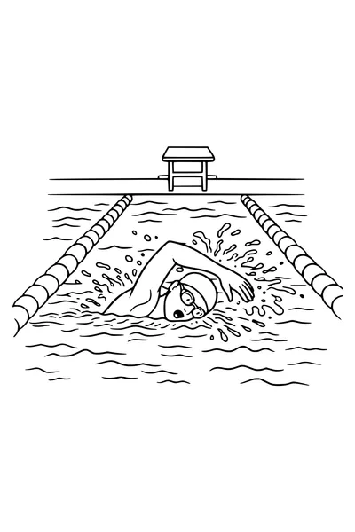Coloring page of a swimmer mid-stroke in a pool lane